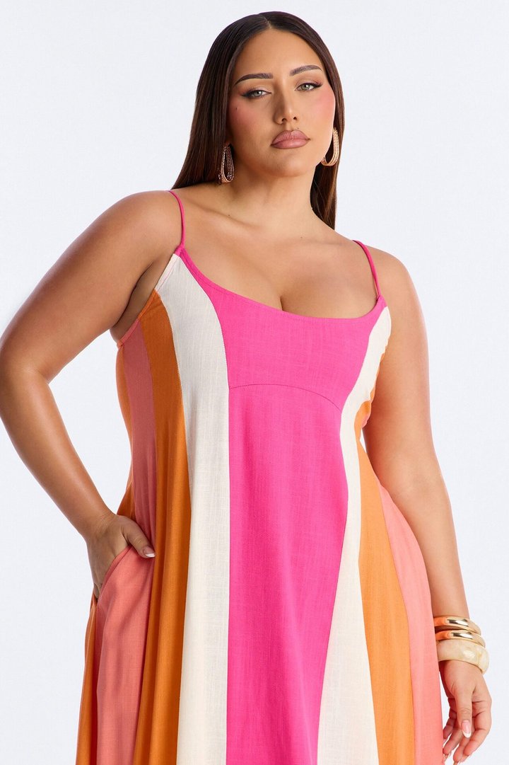 Sweet Energy Linen Maxi Dress - Fuchsia/combo
