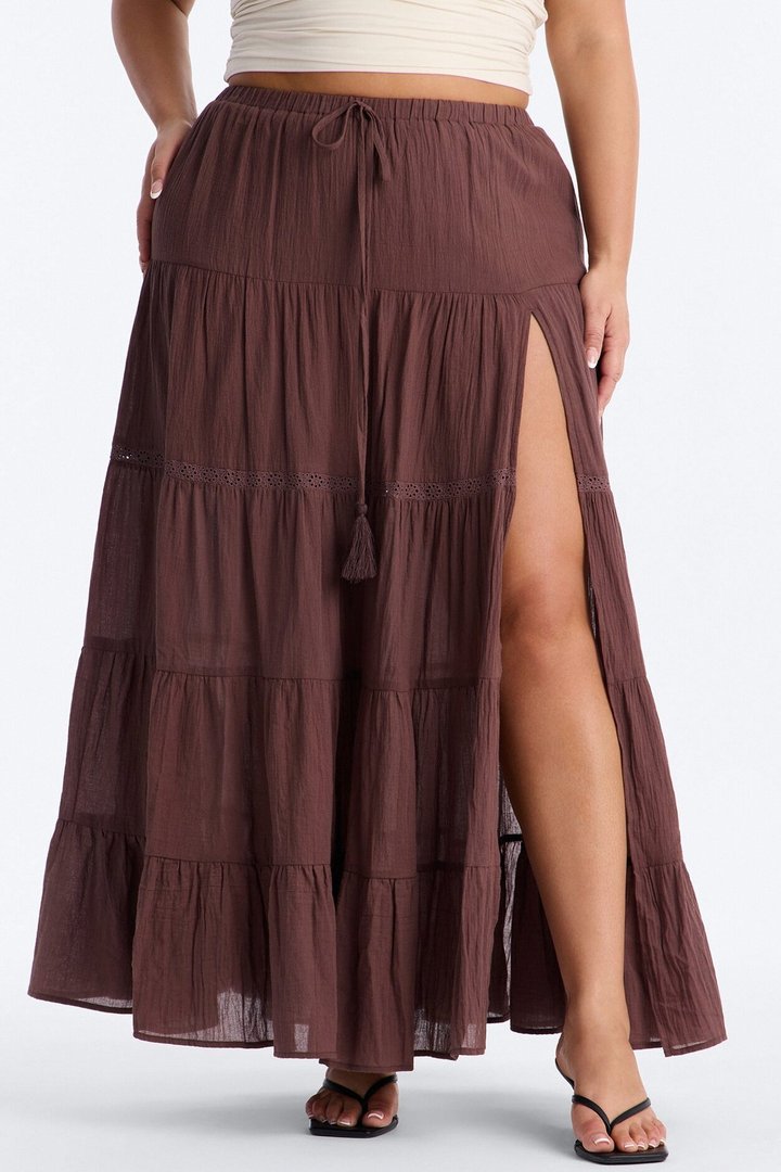 Bohemian High Slit Tiered Gauze Maxi Skirt - Brown