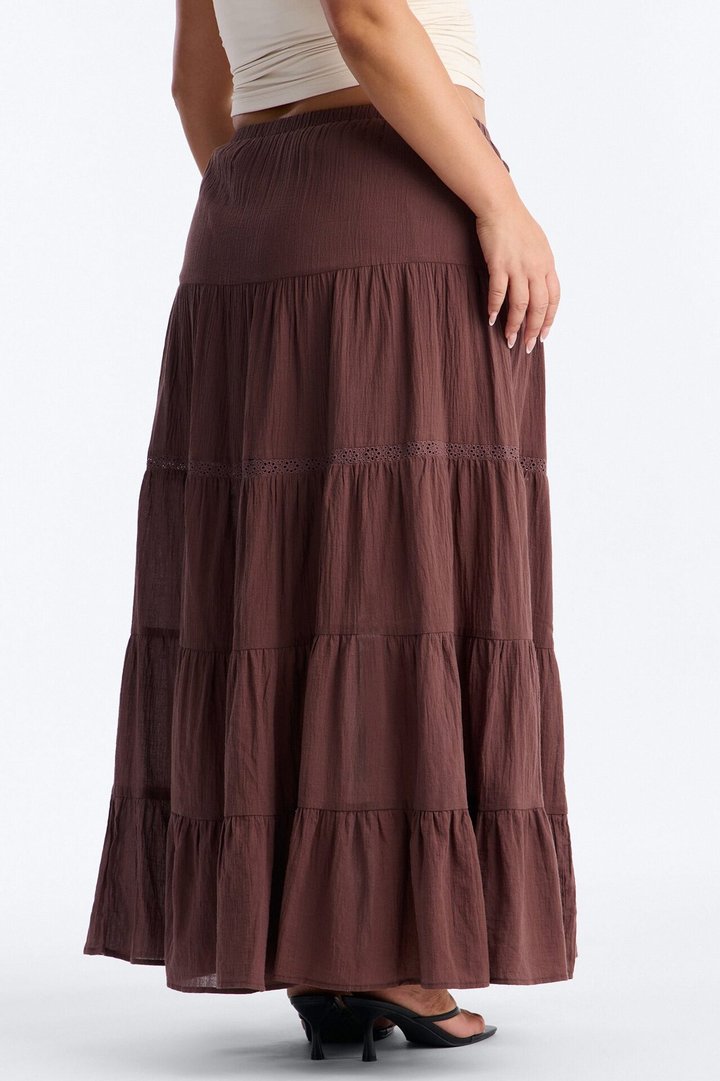 Bohemian High Slit Tiered Gauze Maxi Skirt - Brown