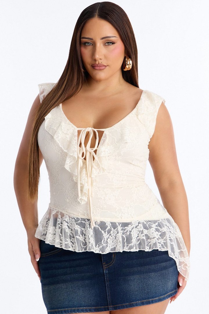 Elina Asymmetrical Ruffle Lace Sleeveless Top - Cream