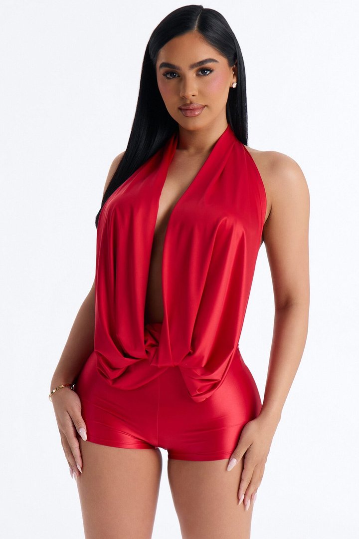 Aylie Plunge Backless Romper - Red