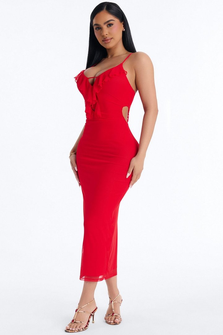 Aila Ruffle Mesh Midi Dress - Red
