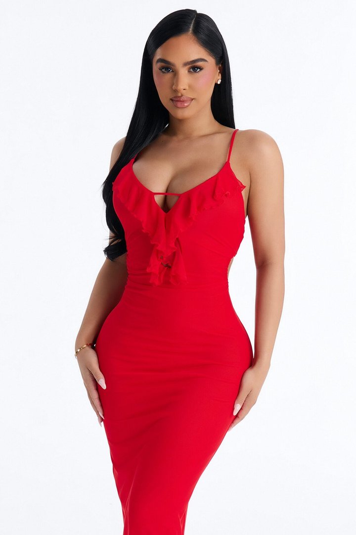 Aila Ruffle Mesh Midi Dress - Red