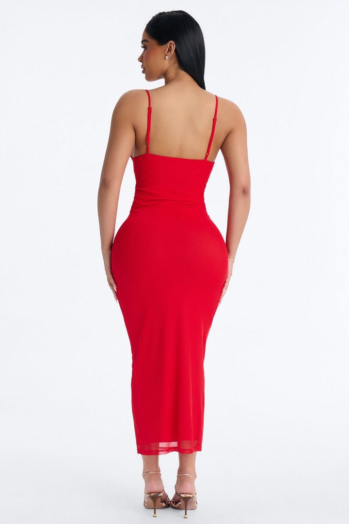 Aila Ruffle Mesh Midi Dress - Red