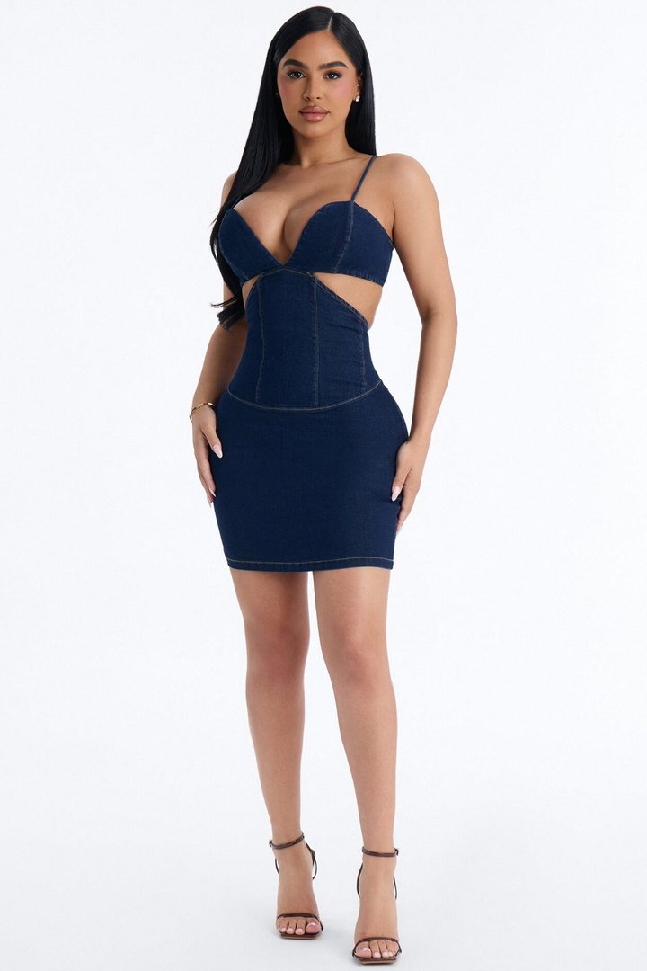 Sloane Cut Out Stretch Denim Mini Dress - Dark Wash