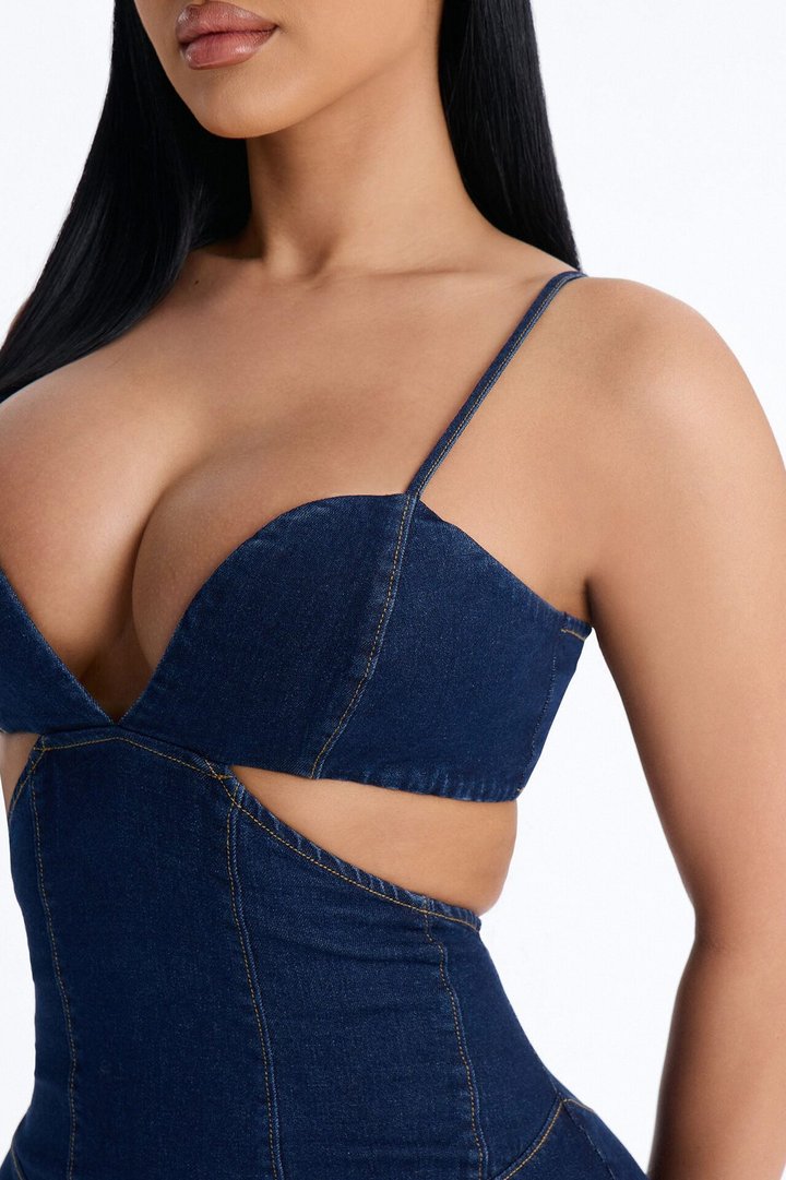 Sloane Cut Out Stretch Denim Mini Dress - Dark Wash