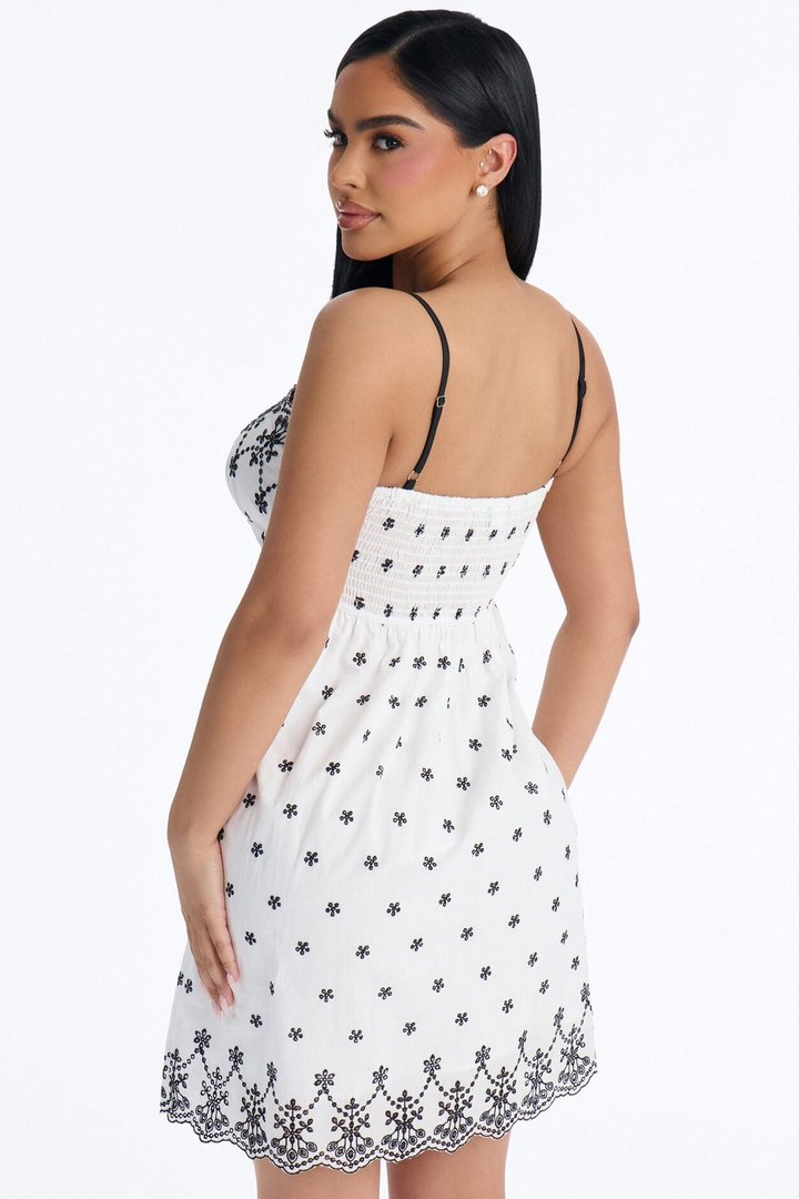 Sophia Embroidered Eyelet Babydoll Mini Dress - White/Black