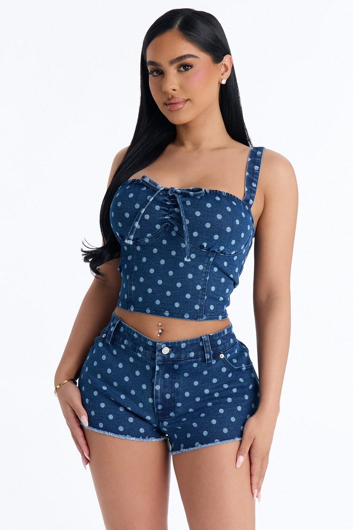 Bella Denim Corset Polka Dot Micro Short Set - Blue Wash