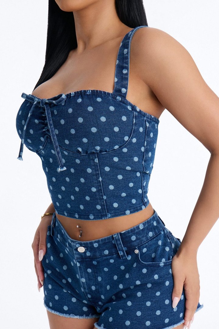 Bella Denim Corset Polka Dot Micro Short Set - Blue Wash