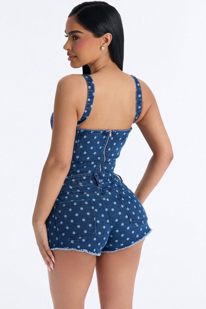 Bella Denim Corset Polka Dot Micro Short Set - Blue Wash