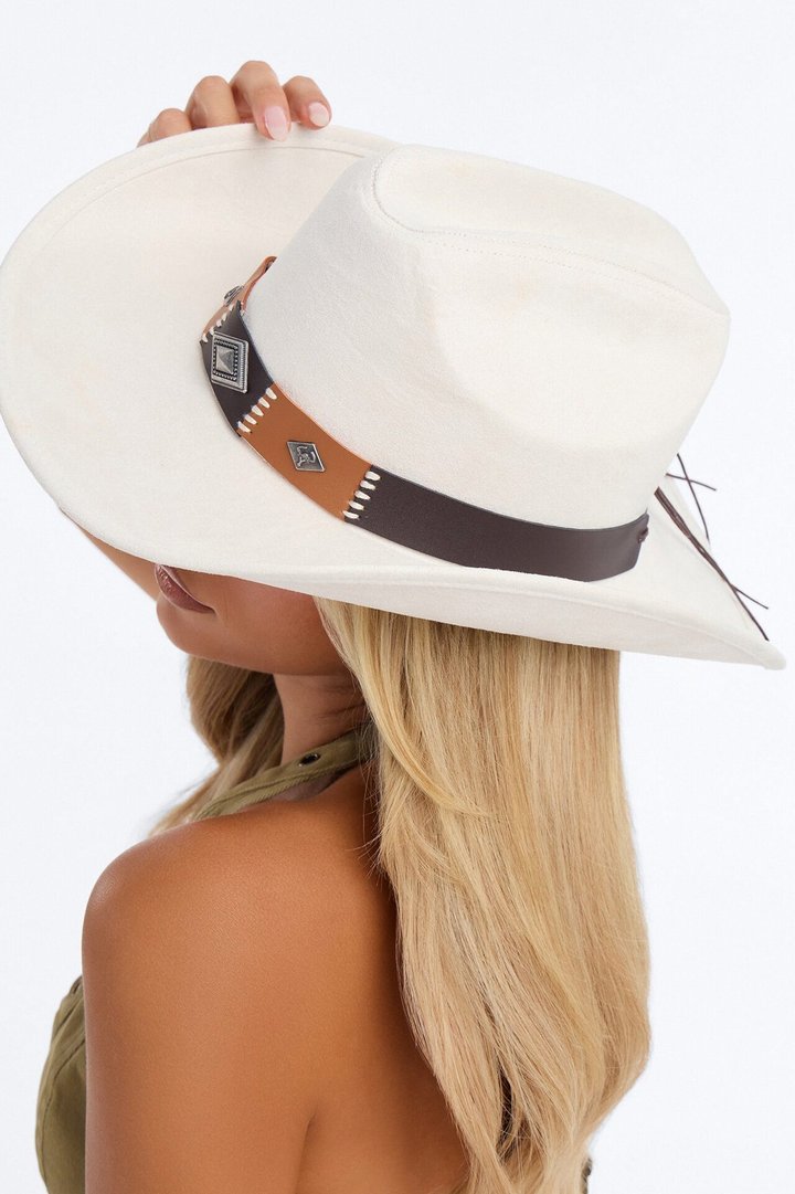 On The Ranch Faux Suede Hardware Cowboy Hat - Ivory