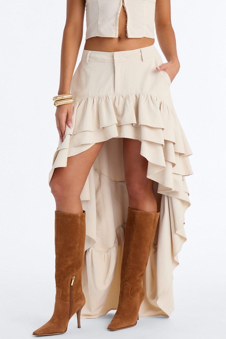 Alyssa Twill High Low Ruffle Maxi Skirt - Khaki