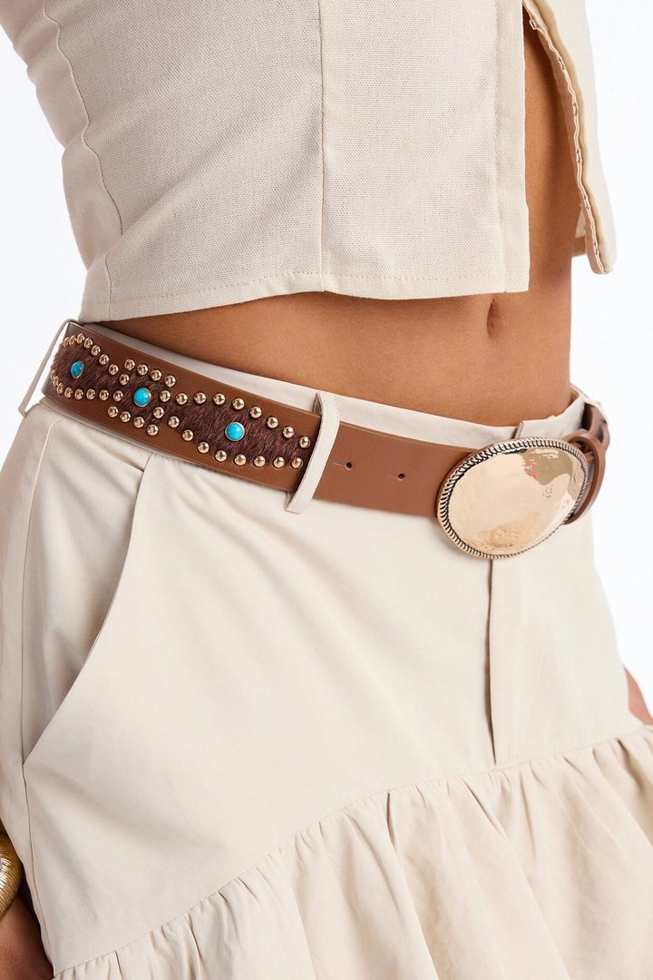 Western Hunt Stones And Studded Faux Leather Belt - Brown/combo