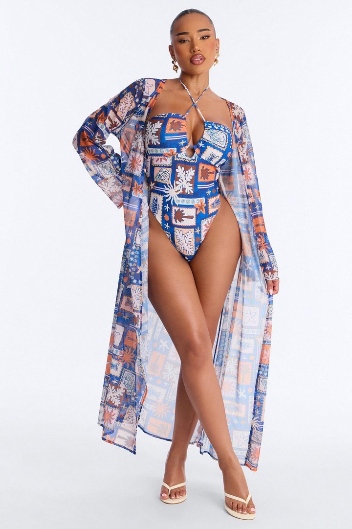 Monique Geometric Criss Cross Halter 2 Piece Bikini Kimono Set - Blue/combo