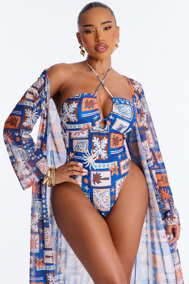 Monique Geometric Criss Cross Halter 2 Piece Bikini Kimono Set - Blue/combo