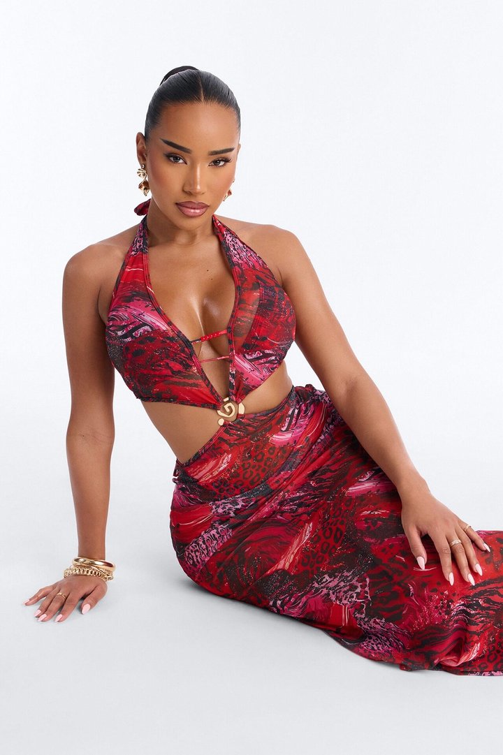 Azure Aura Mesh Beaded 3 Piece Bikini Sunsuit - Red/combo