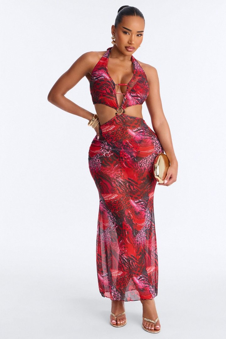 Azure Aura Mesh Beaded 3 Piece Bikini Sunsuit - Red/combo