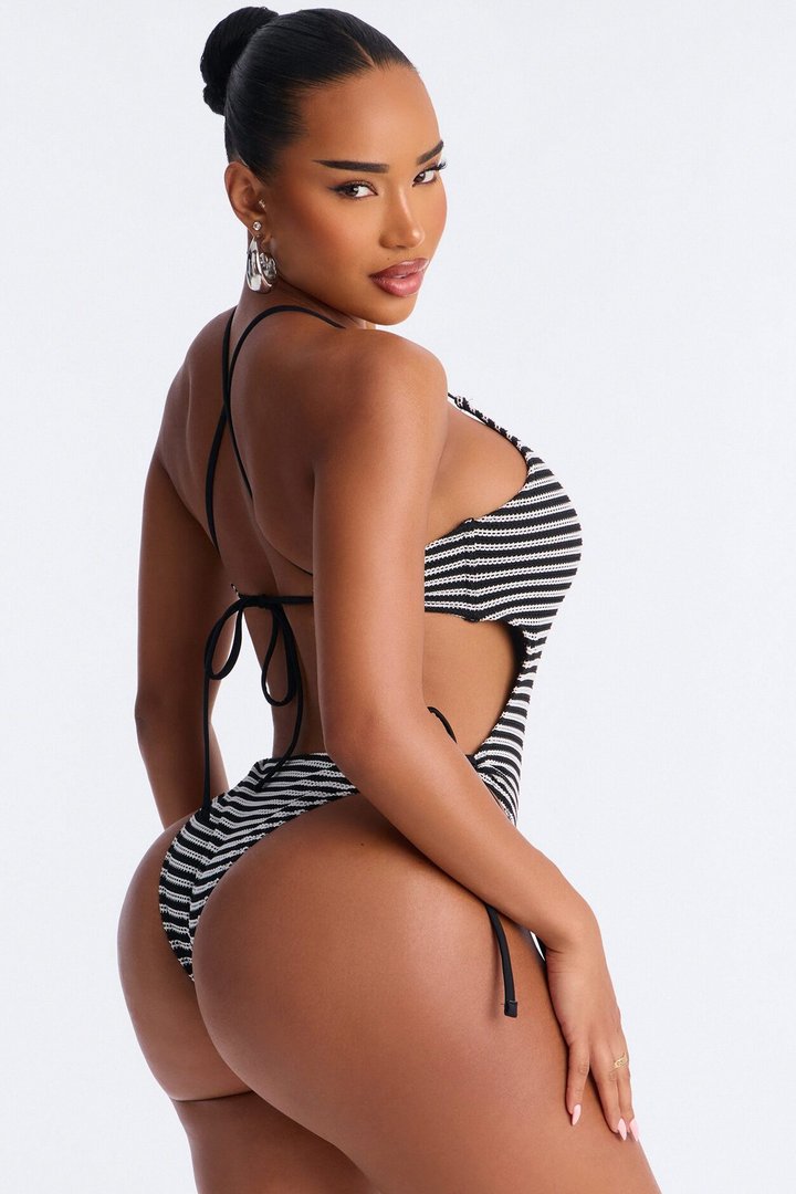Adelina Striped 1 Piece Cut Out Swimsuit - Black/White