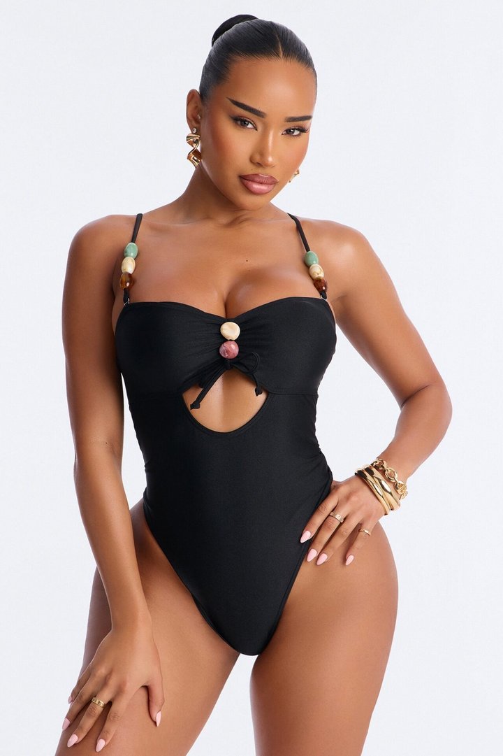 Shiny Stones By The Waves Cut Out 1 Piece Swimsuit - Black