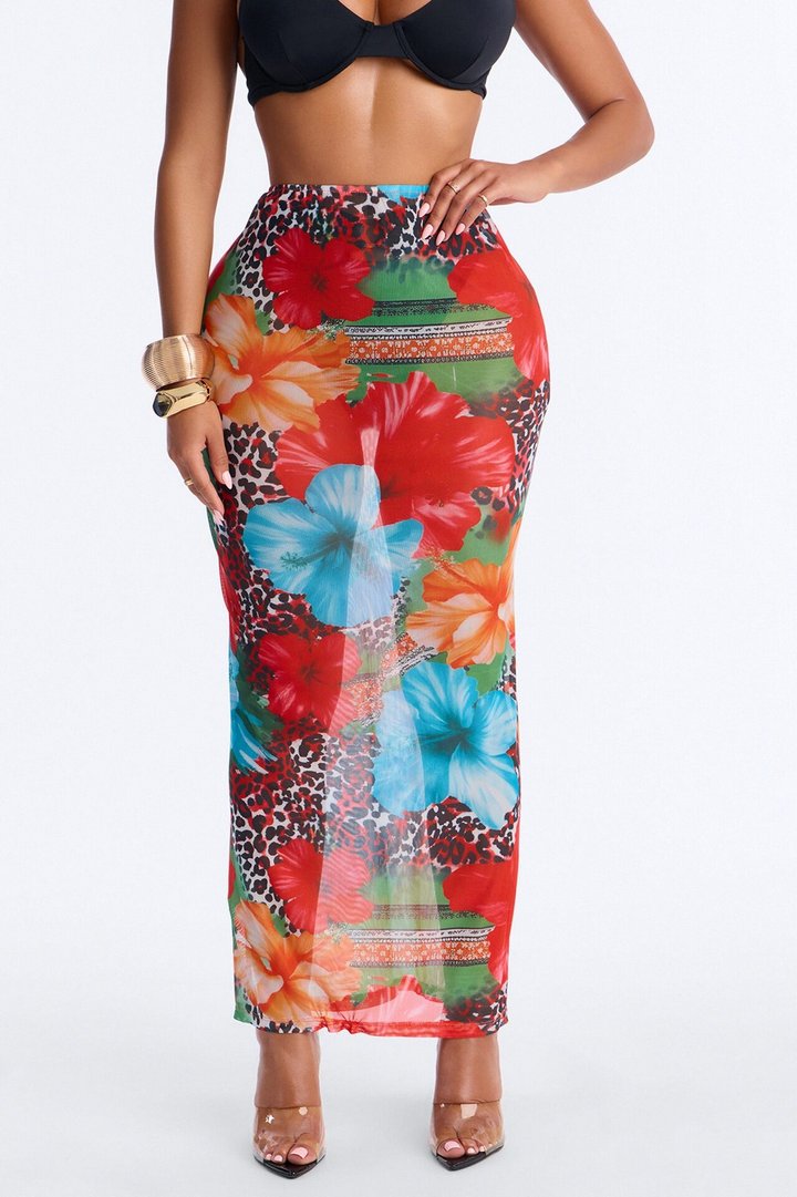 Tropic Tide Animal Floral Mesh Cover Up Skirt - Multi Color