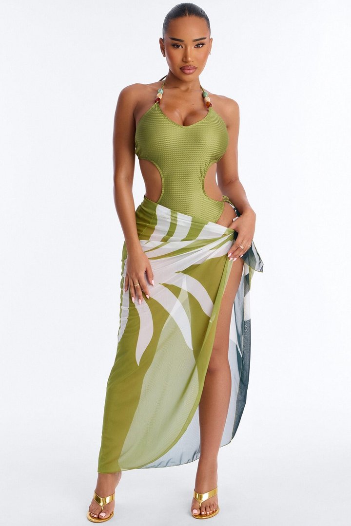 Waiting For The Sunset 1 Piece Swimsuit And Sarong - Green/combo