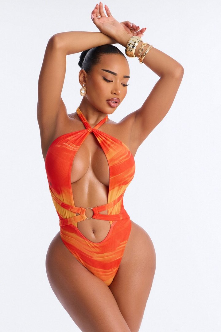 Sunset Swim 1 Piece Swimsuit & Skirt - Orange/combo
