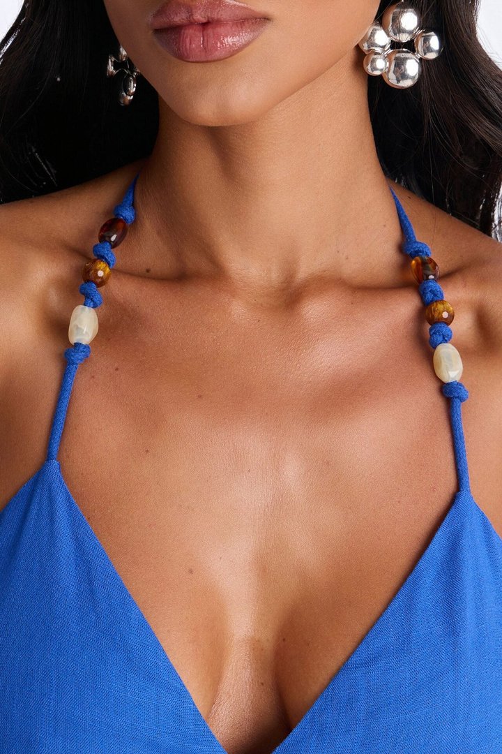 Janice Beaded Linen Halter Top - CobaltBlue