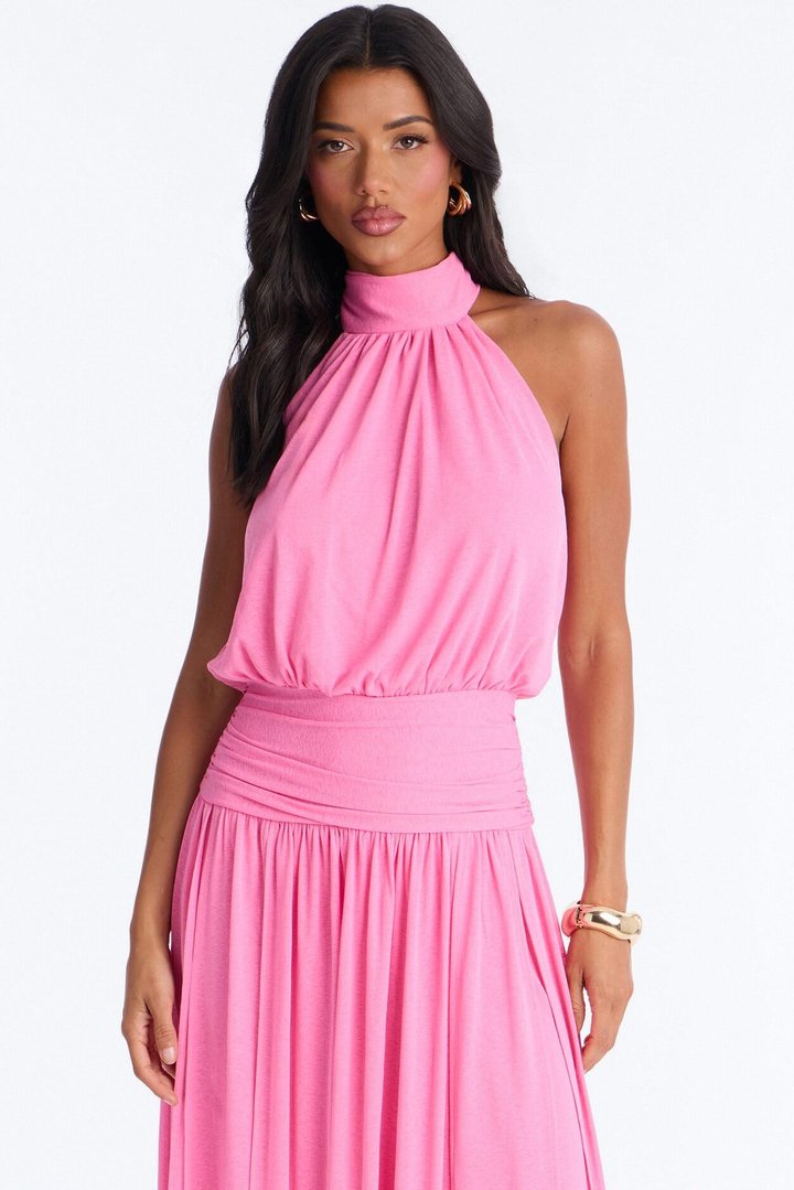 Bianca Halter Mock Neck Maxi Dress - Pink