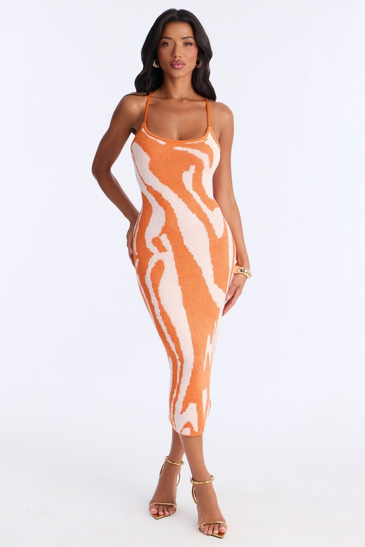Vienna Printed Sweater Midi Dress - Orange/combo