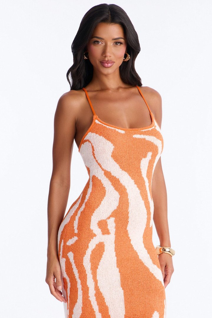 Vienna Printed Sweater Midi Dress - Orange/combo