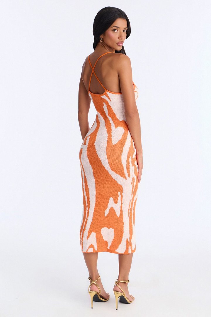 Vienna Printed Sweater Midi Dress - Orange/combo