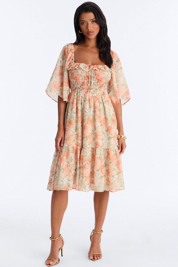 Christina Floral Chiffon Midi Dress - Orange/combo