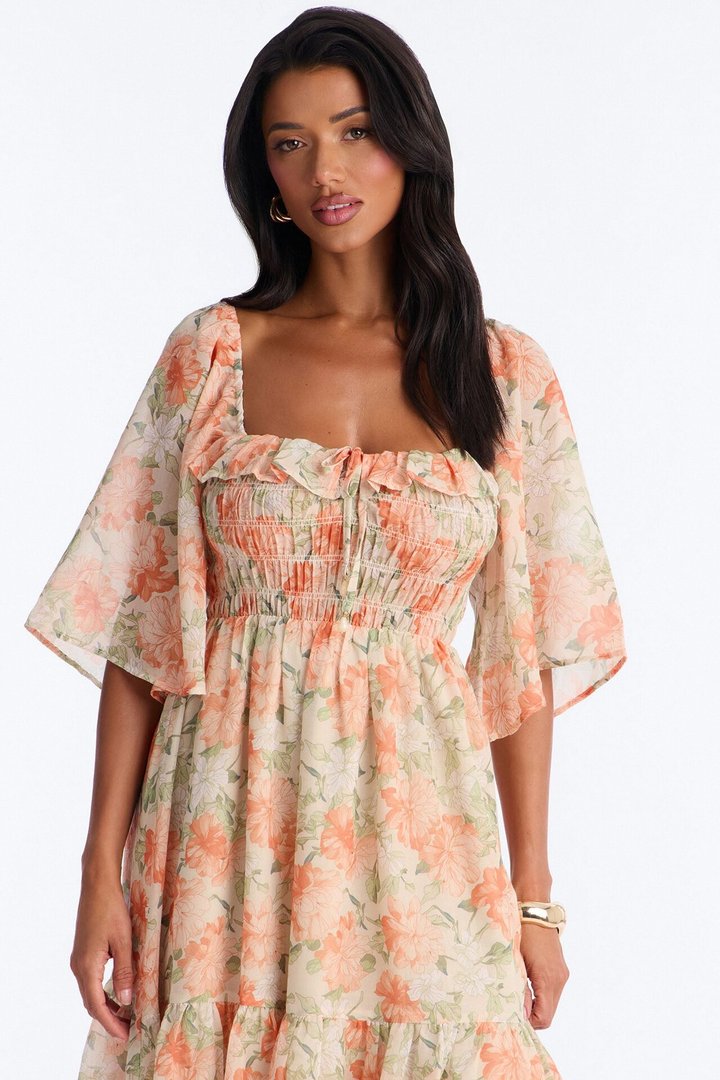 Christina Floral Chiffon Midi Dress - Orange/combo
