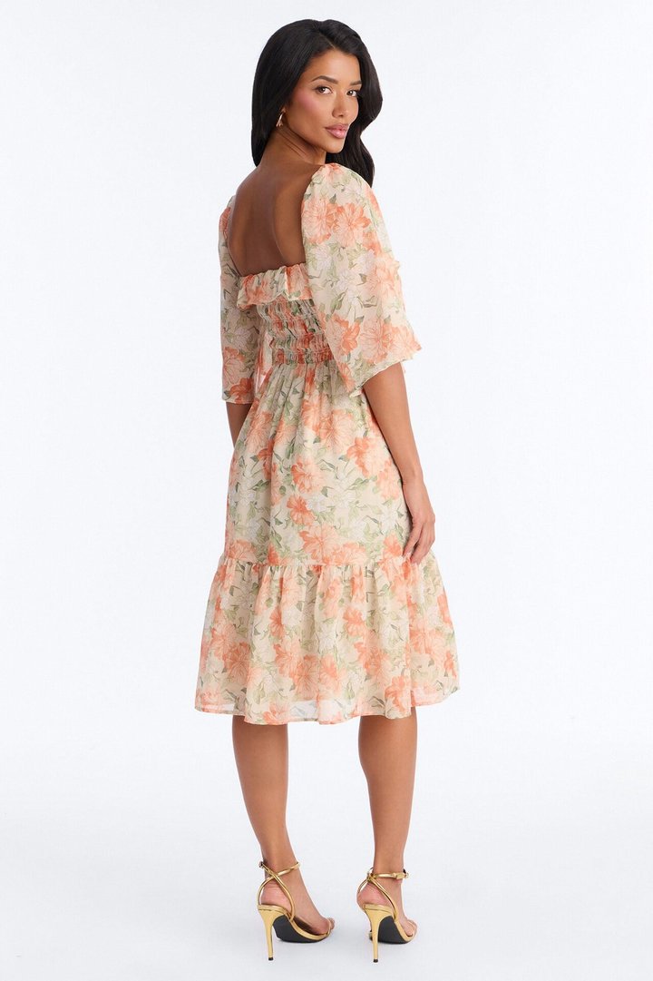 Christina Floral Chiffon Midi Dress - Orange/combo