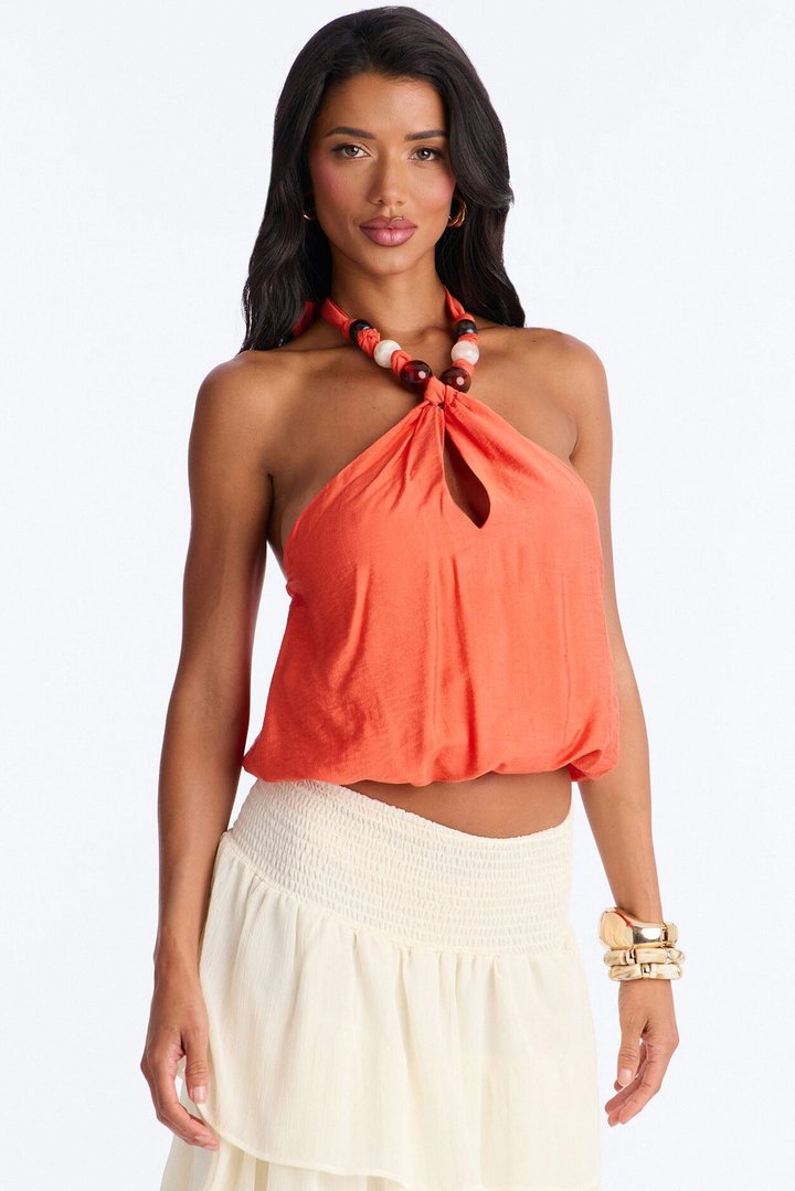 Beach Breeze Beaded Linen Halter Top - Orange