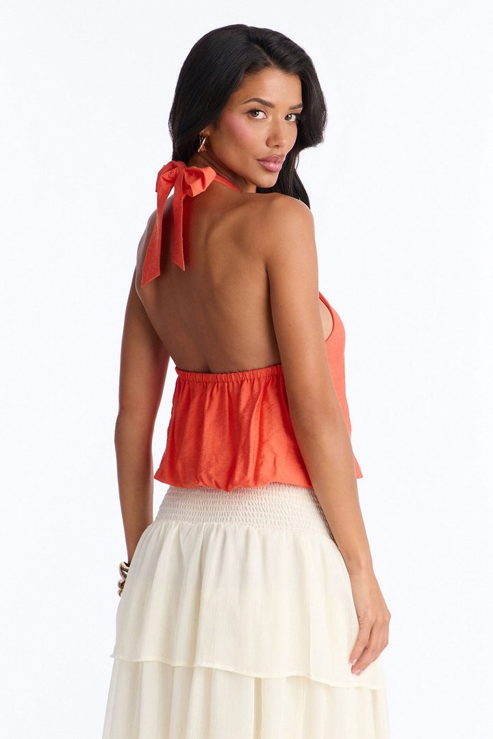 Beach Breeze Beaded Linen Halter Top - Orange