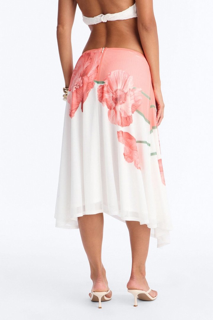 Aelia Floral Asymmetrical Mesh Midi Skirt - Orange/combo