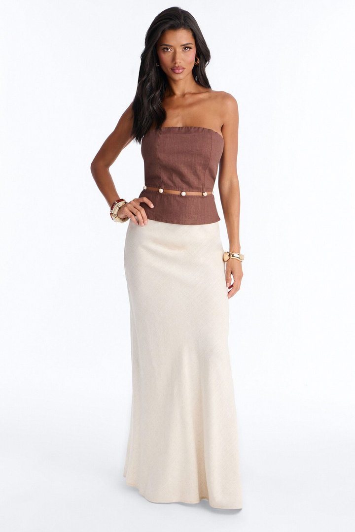 On The Guest List Beaded Linen Top - Brown