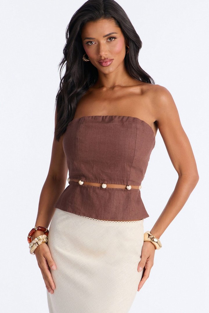 On The Guest List Beaded Linen Top - Brown