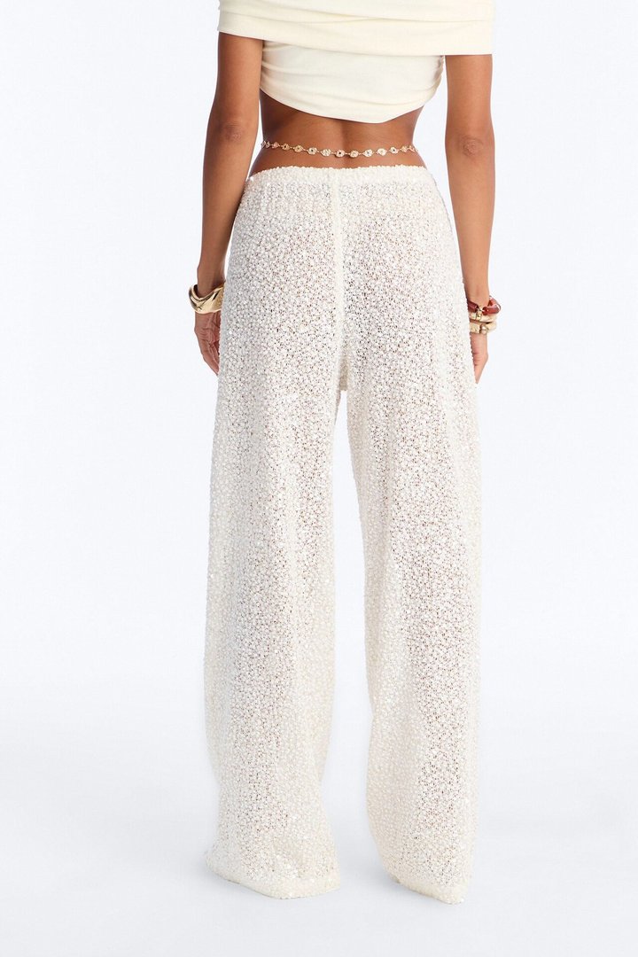 Azalea Low Rise Sequin Crochet Wide Leg Pant 33″ - White