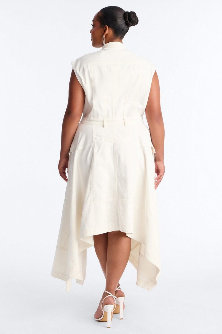 Dolly Button Up Denim Midi Dress - White