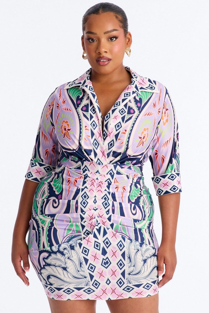 Delphine Ruched Printed Mini Dress - Purple/combo