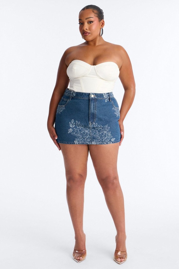 Rose Kiss Floral Print Denim Mini Skirt - Medium Wash