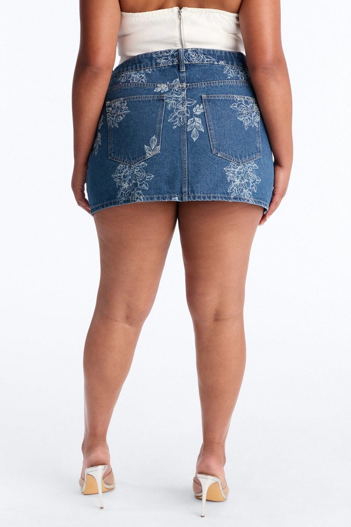 Rose Kiss Floral Print Denim Mini Skirt - Medium Wash