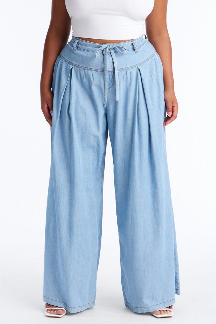 Golden Hour Chambray Tie Waist Pant 33″ - Light Wash