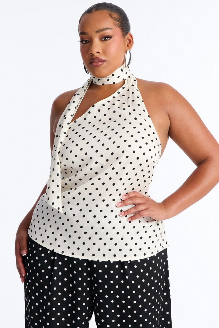 Tasha Satin Polka Dot Halter Pant Set - White/Black