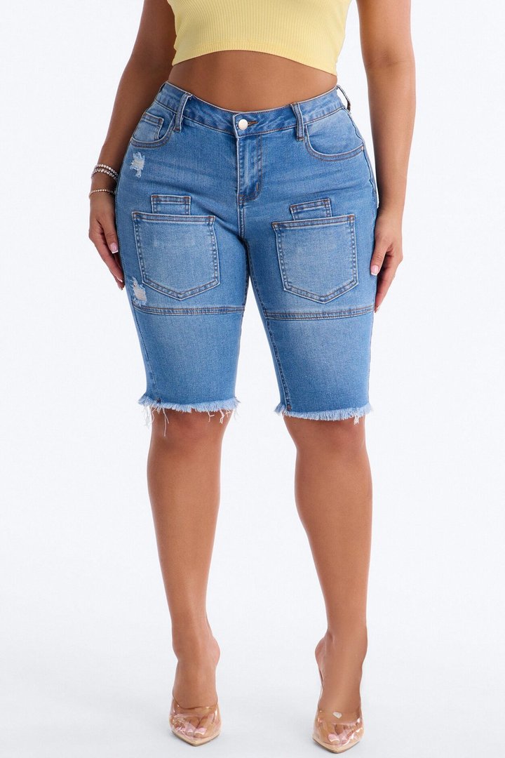 Like That Fray Hem Denim Bermuda Shorts - Medium Wash