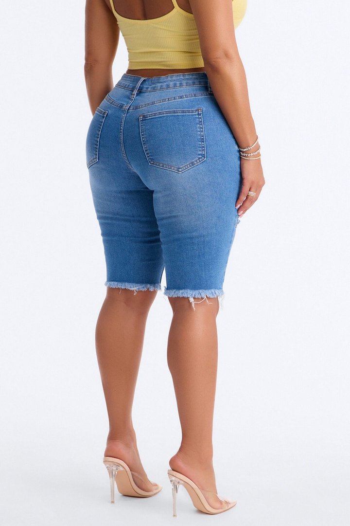 Like That Fray Hem Denim Bermuda Shorts - Medium Wash