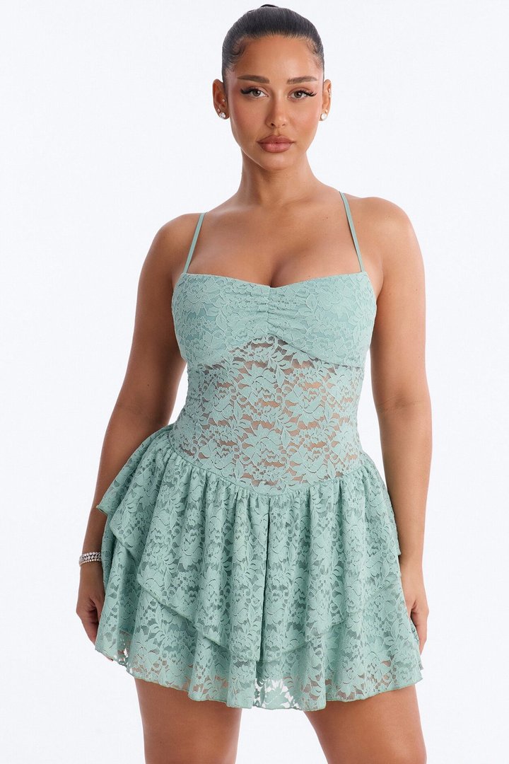 Cecilia Ruffle Lace Mini Dress - Sage