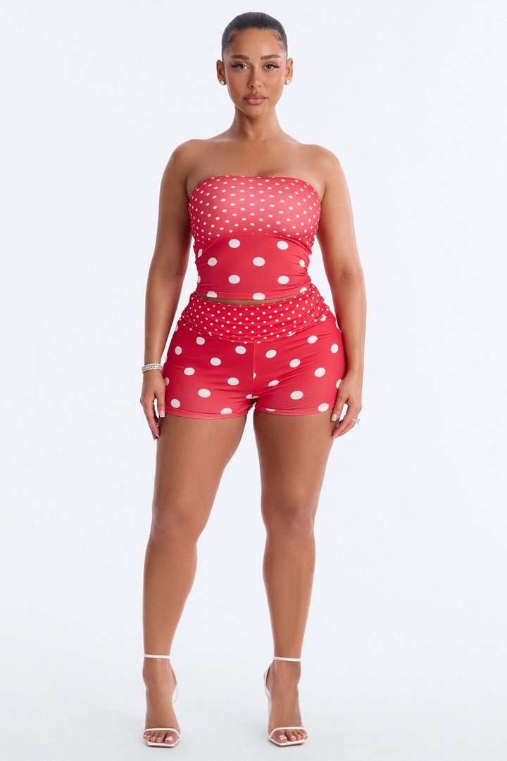 Sabrina Polka Dot Fold Over Waist Micro Short Set - Red
